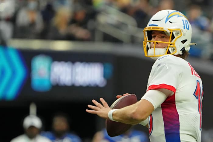 Feb 6, 2022; Paradise, Nevada, USA; AFC quarterback Justin Herbert of the Los Angeles Chargers (10) looks to pass the ball against the NFC during the second quarter during the Pro Bowl football game at Allegiant Stadium. Mandatory Credit: Kirby Lee-USA TODAY Sports